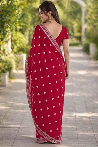 Rani pink georgette embroidery saree with unstitched blouse piece