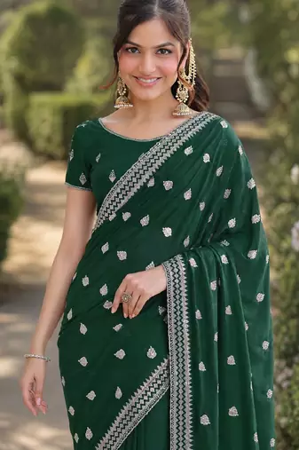 Green soft georgette embroidery work designer party wear saree with unstitched blouse piece