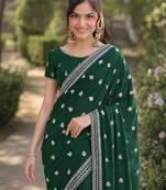 Green georgette embroidery saree with unstitched blouse piece