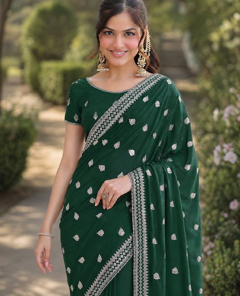 Green soft georgette embroidery work designer party wear saree with unstitched blouse piece