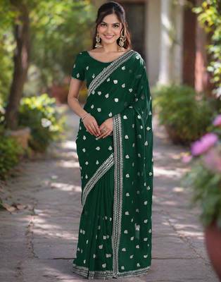 Green georgette embroidery saree with unstitched blouse piece 3