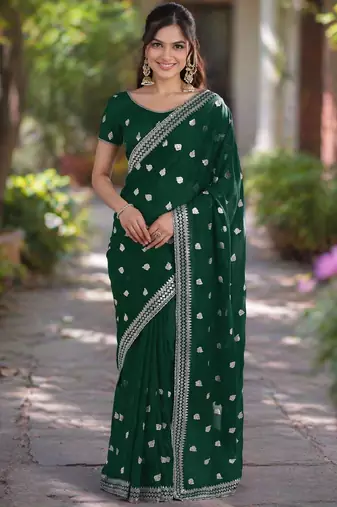 Green georgette embroidery saree with unstitched blouse piece