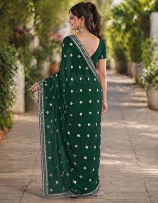 Green georgette embroidery saree with unstitched blouse piece 4