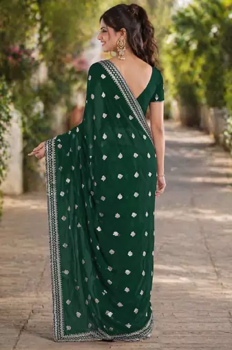 Green georgette embroidery saree with unstitched blouse piece