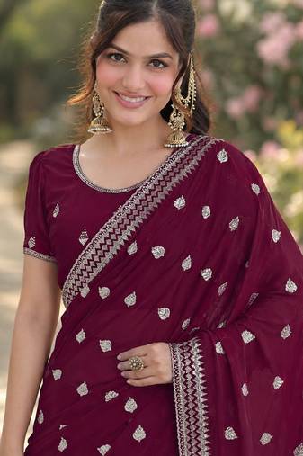 Wine soft georgette embroidery work designer party wear saree with unstitched blouse piece