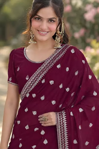 Wine soft georgette embroidery work designer party wear saree with unstitched blouse piece