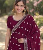 Wine georgette embroidery saree with unstitched blouse piece