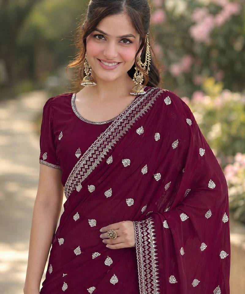 Wine soft georgette embroidery work designer party wear saree with unstitched blouse piece
