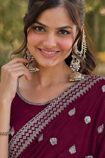 Wine georgette embroidery saree with unstitched blouse piece