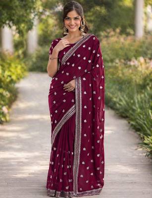 Wine georgette embroidery saree with unstitched blouse piece 3