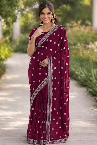 Wine georgette embroidery saree with unstitched blouse piece