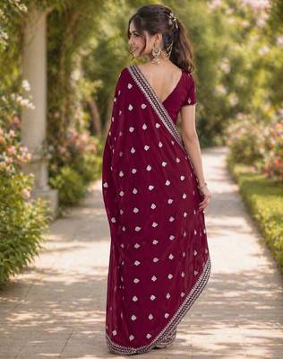 Wine georgette embroidery saree with unstitched blouse piece 4