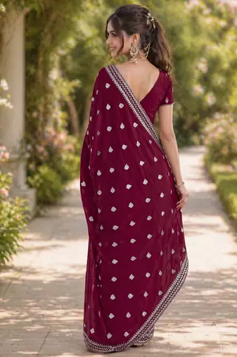 Wine georgette embroidery saree with unstitched blouse piece