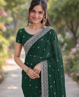 Green georgette embroidery saree with unstitched blouse piece 1
