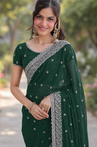 Green soft georgette embroidery work designer party wear saree with unstitched blouse piece