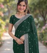 Green soft georgette embroidery work designer party wear saree with unstitched blouse piece