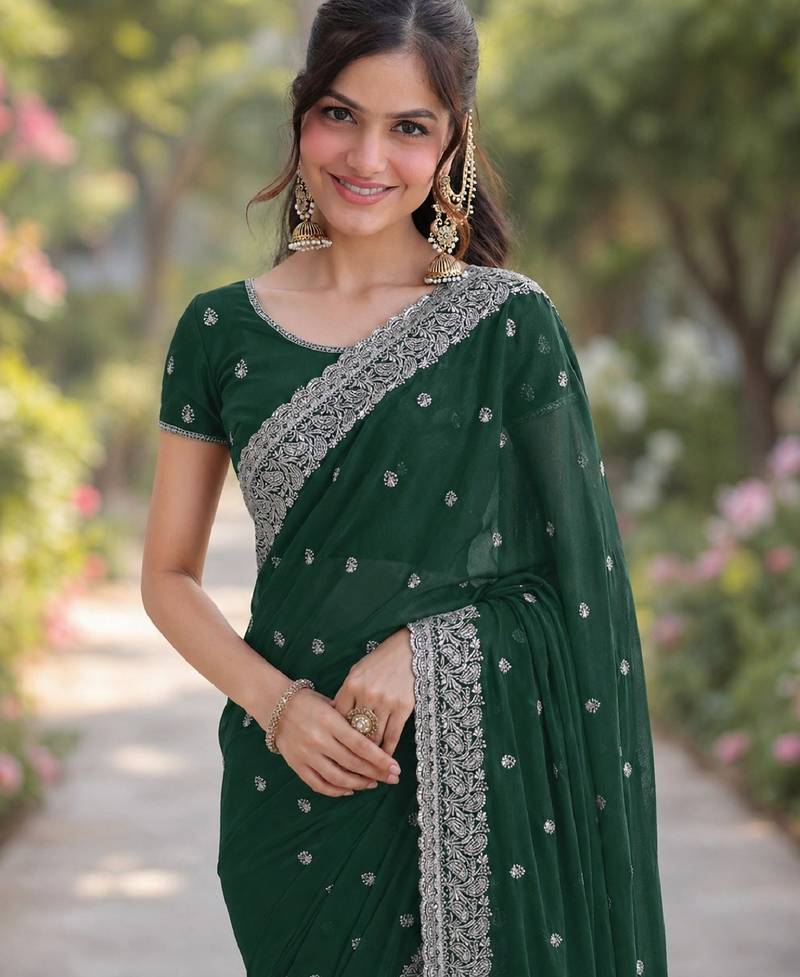 Green soft georgette embroidery work designer party wear saree with unstitched blouse piece