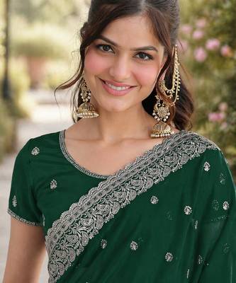 Green georgette embroidery saree with unstitched blouse piece 2