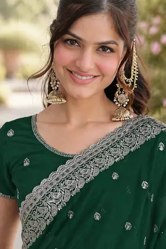 Green georgette embroidery saree with unstitched blouse piece