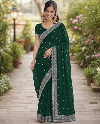 Green georgette embroidery saree with unstitched blouse piece 3