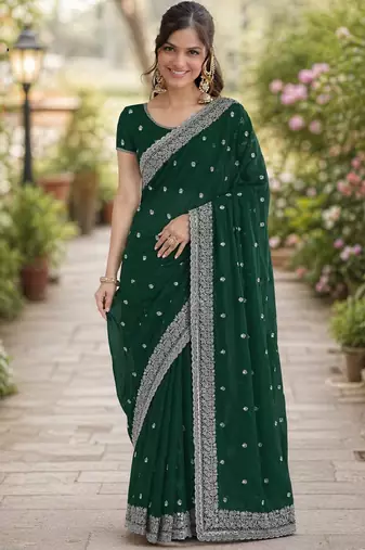 Green georgette embroidery saree with unstitched blouse piece