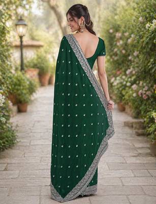 Green georgette embroidery saree with unstitched blouse piece 4
