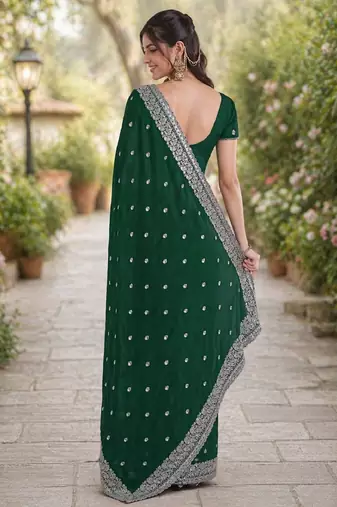 Green georgette embroidery saree with unstitched blouse piece