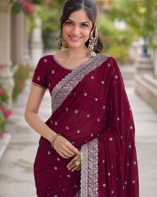 Wine georgette embroidery saree with unstitched blouse piece 1