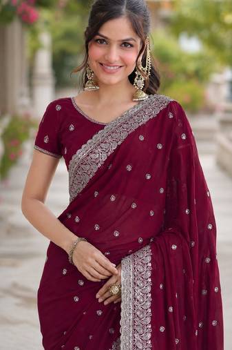 Wine soft georgette embroidery work designer party wear saree with unstitched blouse piece