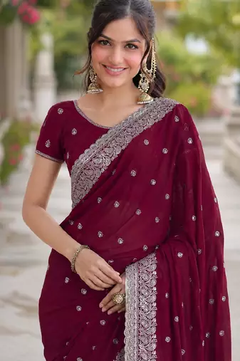 Wine soft georgette embroidery work designer party wear saree with unstitched blouse piece