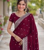 Wine georgette embroidery saree with unstitched blouse piece