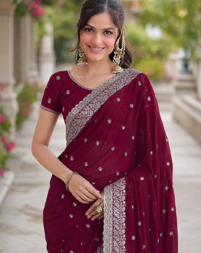Wine soft georgette embroidery work designer party wear saree with unstitched blouse piece