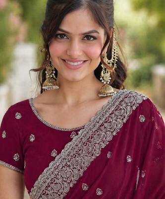 Wine georgette embroidery saree with unstitched blouse piece 2
