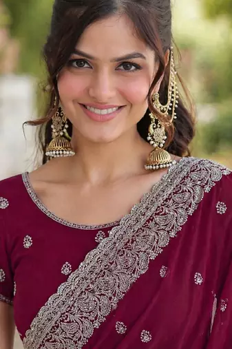Wine georgette embroidery saree with unstitched blouse piece