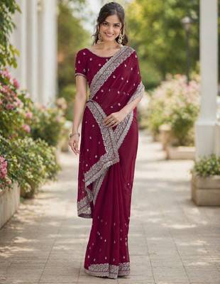 Wine georgette embroidery saree with unstitched blouse piece 3