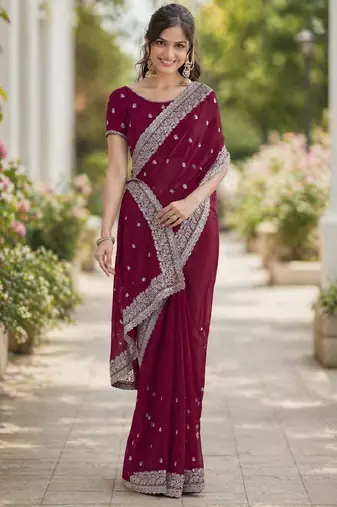 Wine georgette embroidery saree with unstitched blouse piece
