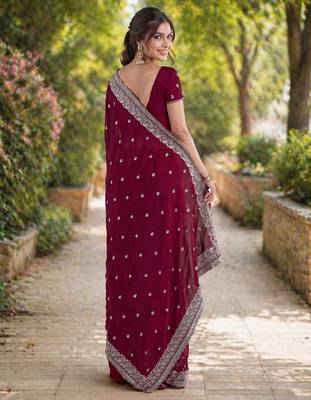 Wine georgette embroidery saree with unstitched blouse piece 4