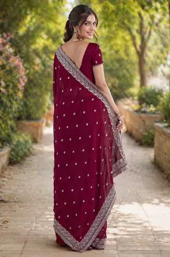 Wine georgette embroidery saree with unstitched blouse piece