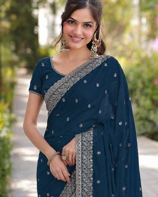 Rama georgette embroidery saree with unstitched blouse piece 1