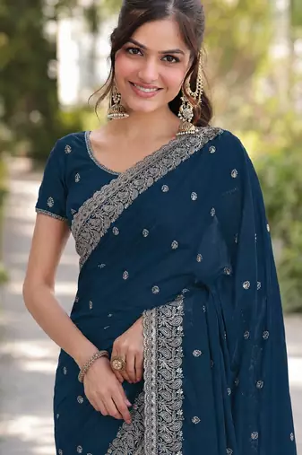 Rama soft georgette embroidery work designer party wear saree with unstitched blouse piece