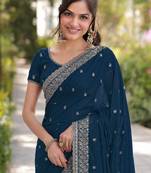 Rama soft georgette embroidery work designer party wear saree with unstitched blouse piece