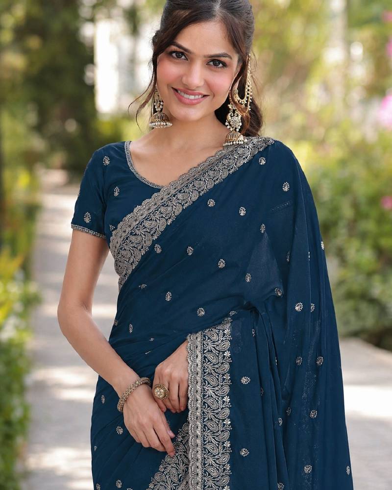 Rama soft georgette embroidery work designer party wear saree with unstitched blouse piece