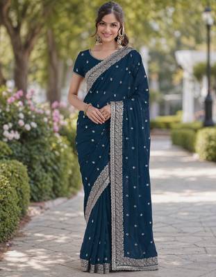 Rama georgette embroidery saree with unstitched blouse piece 3