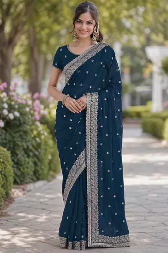 Rama georgette embroidery saree with unstitched blouse piece