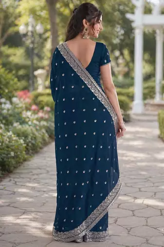 Rama georgette embroidery saree with unstitched blouse piece