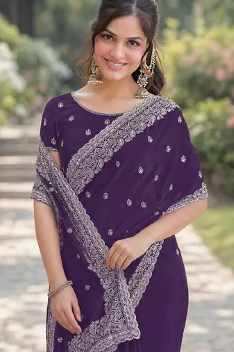 Purple soft georgette embroidery work designer party wear saree with unstitched blouse piece