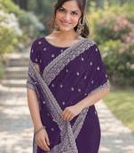Purple georgette embroidery saree with unstitched blouse piece