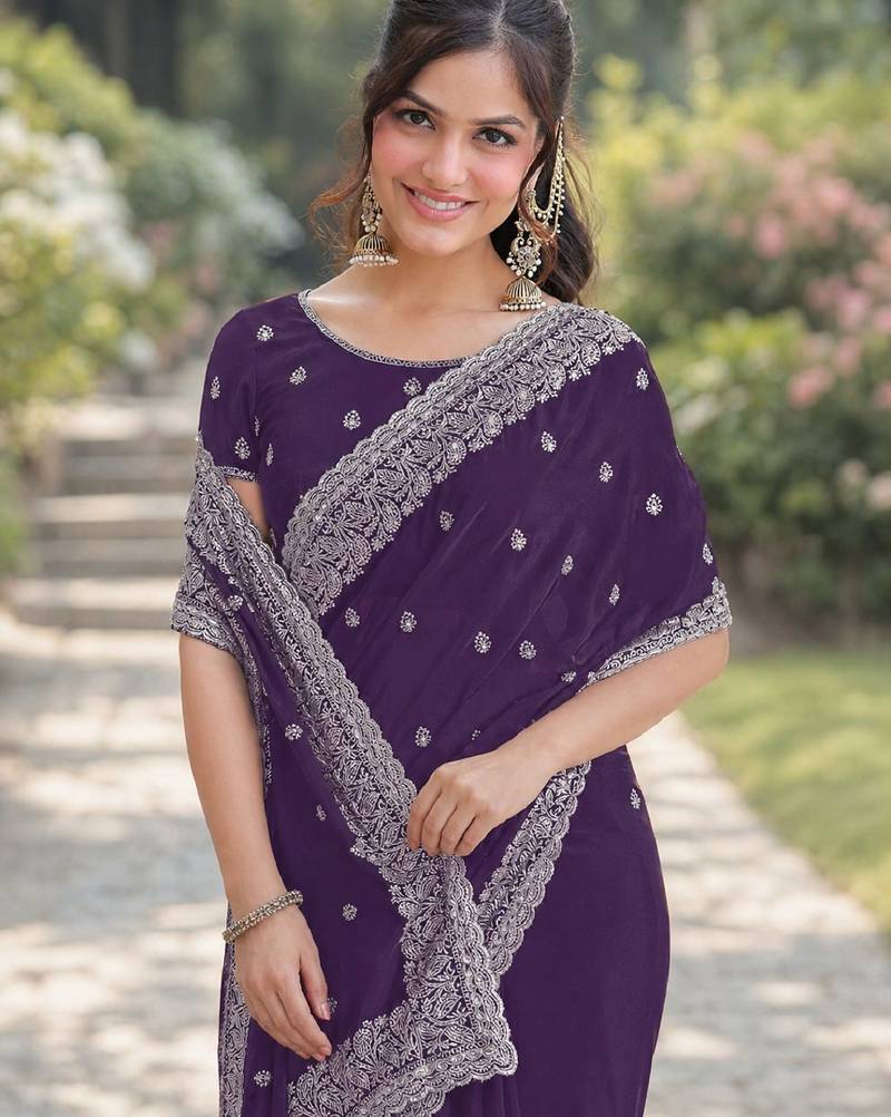 Purple soft georgette embroidery work designer party wear saree with unstitched blouse piece