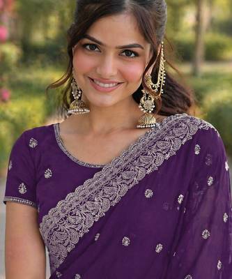 Purple georgette embroidery saree with unstitched blouse piece 2