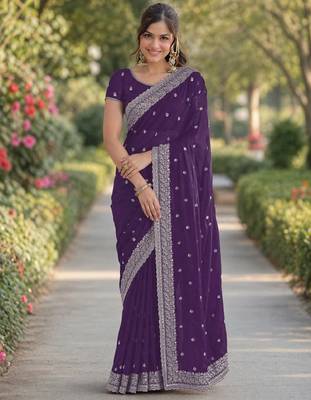 Purple georgette embroidery saree with unstitched blouse piece 3